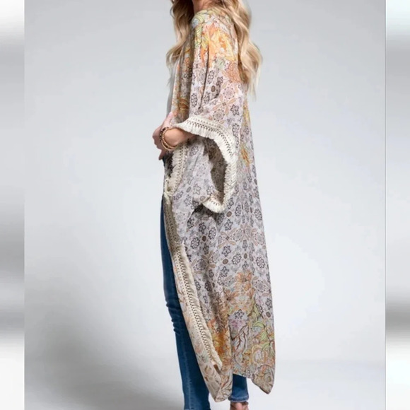 New! Boho Floral Crochet Fringe Trim Duster Kimono - Picture 4 of 8